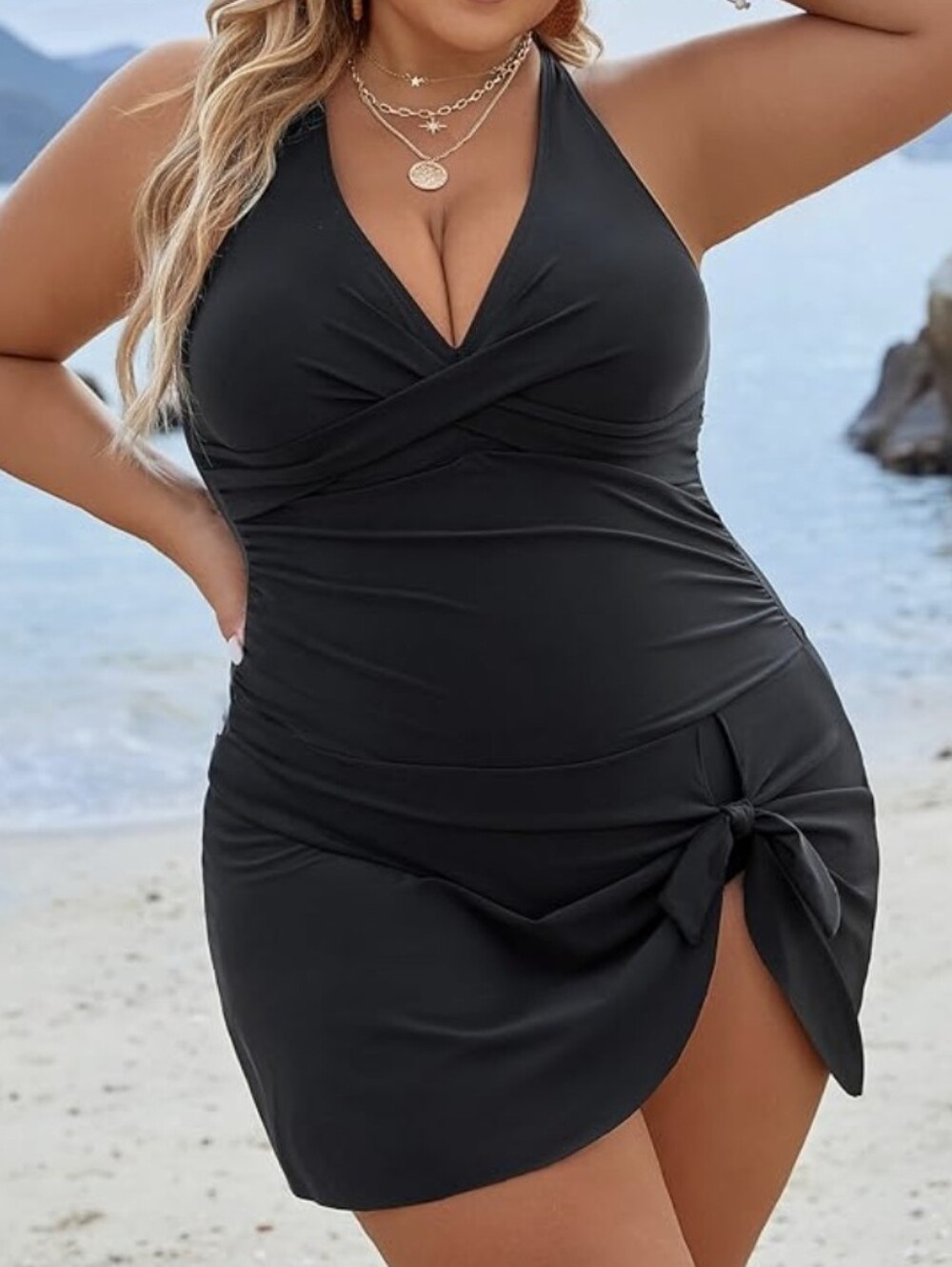 Blooming Jelly NWT Plus Size Black One Piece Swimdress with Side Tie - Size 4X
